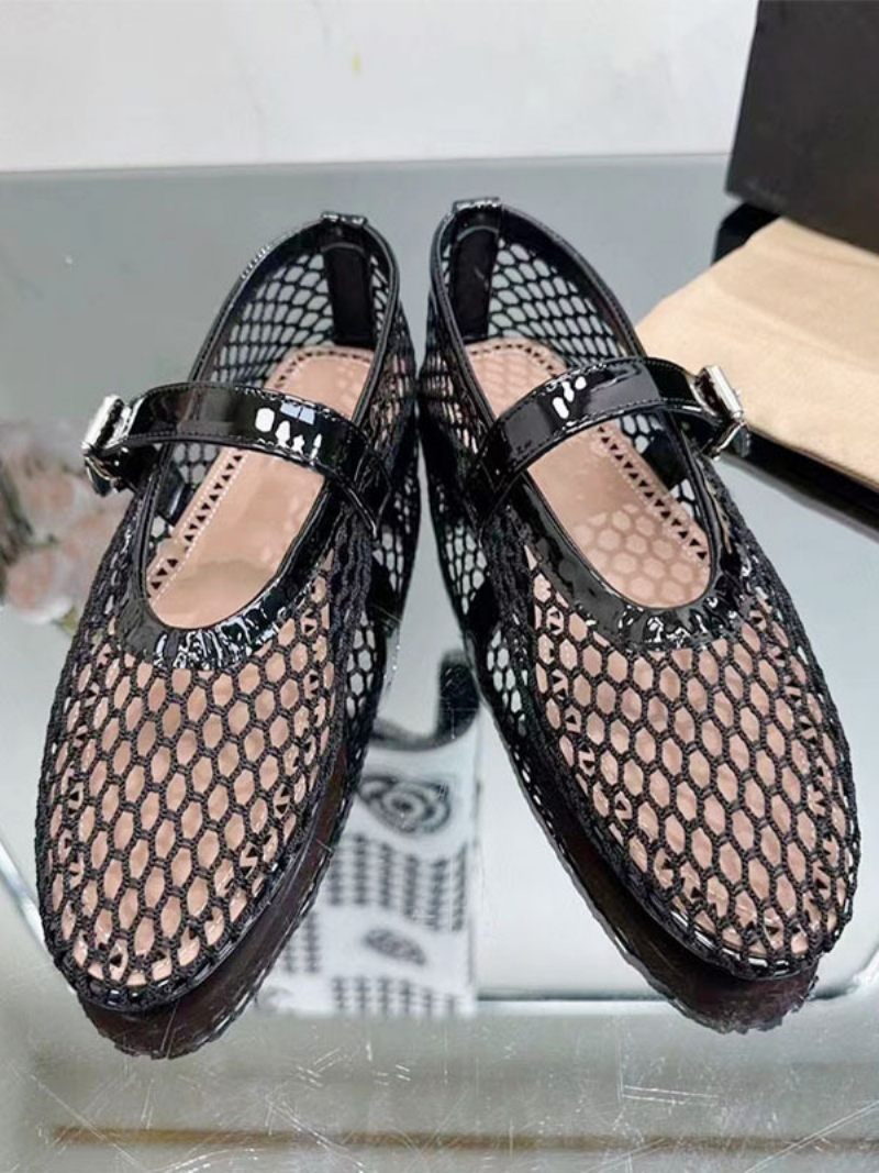 Naisten Mustat Balettikorut Pyöreävarvasverkko Mary Jane Ballerina Flats - Musta