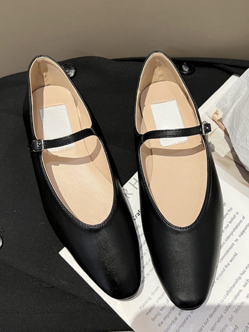 Naisten Mustat Litteät Kengät Pyöreät Toe Mary Jane Ballet Flats - Musta