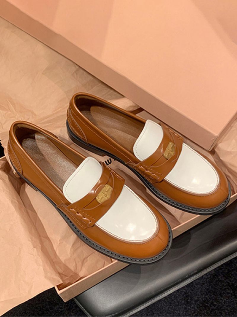 Naisten Penny Loafers Pyöreä Toe Slip On Litteät Kengät - Kahvinruskea