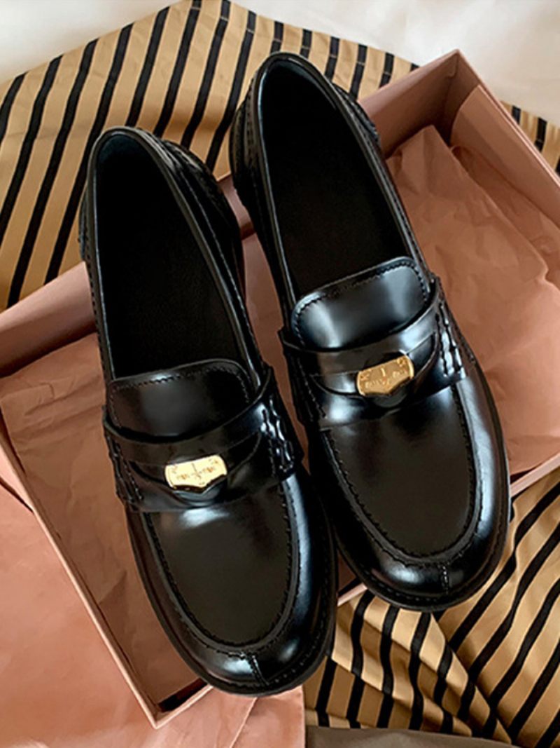 Naisten Penny Loafers Pyöreä Toe Slip On Litteät Kengät - Musta