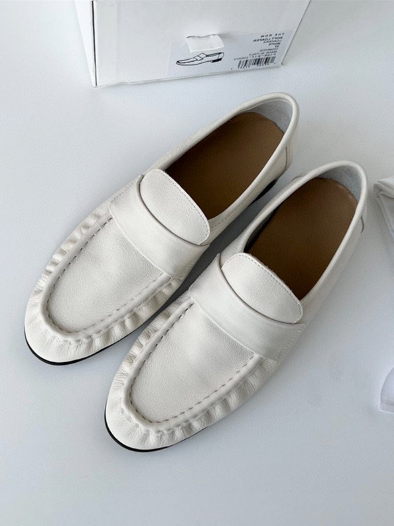 Naisten Valkoinen Penny Loafers Pyöreä Toe Slip On Litteät Kengät