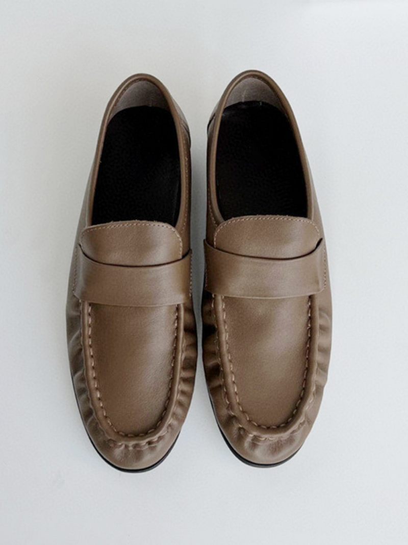 Naisten Valkoinen Penny Loafers Pyöreä Toe Slip On Litteät Kengät - Kahvinruskea