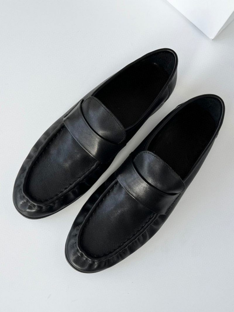 Naisten Valkoinen Penny Loafers Pyöreä Toe Slip On Litteät Kengät - Musta