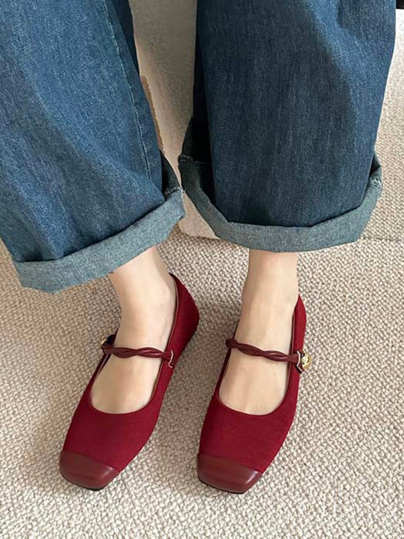 Red Ballet Flats Naisten Neliömäiset Vintage Flat Kengät