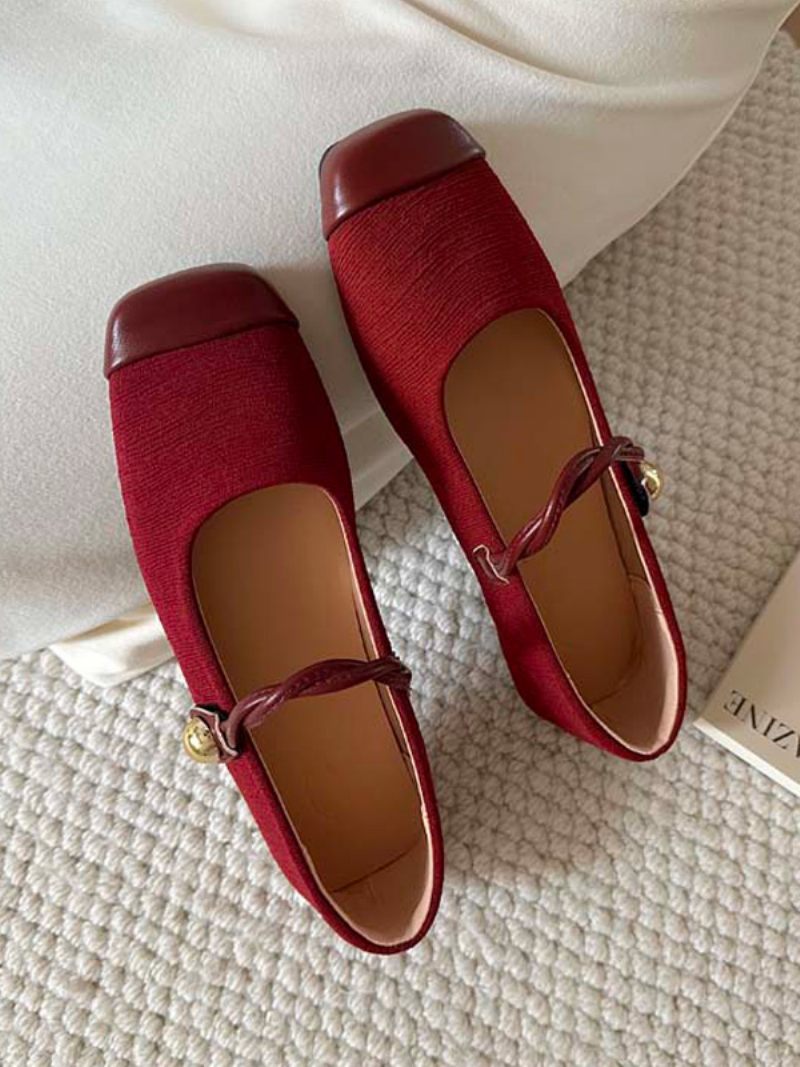 Red Ballet Flats Naisten Neliömäiset Vintage Flat Kengät - Burgundy