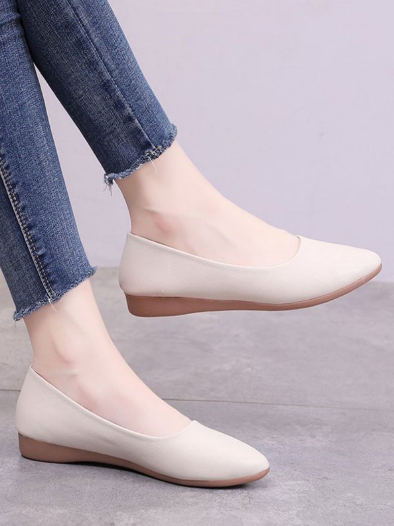 Valkoiset Litteät Kengät Naisille Teräväkärkiset Liukuvat Pu-nahkaiset Ballerina Flats - Beige