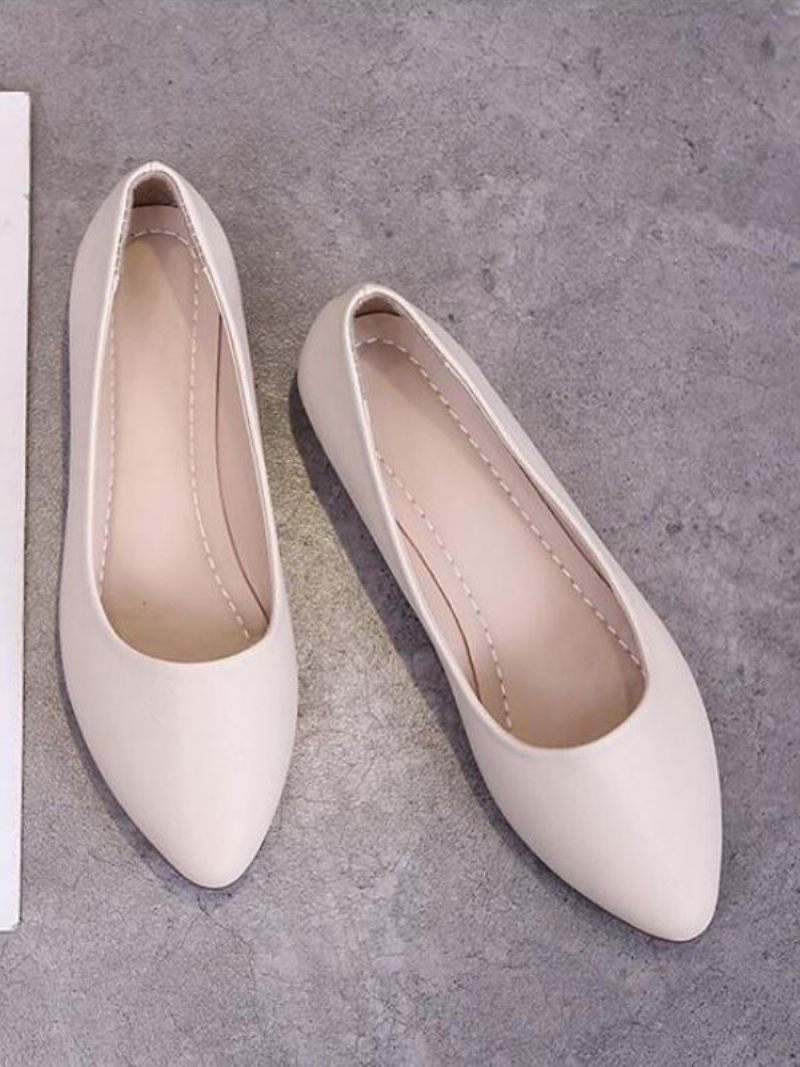 Valkoiset Litteät Kengät Naisille Teräväkärkiset Liukuvat Pu-nahkaiset Ballerina Flats - Beige