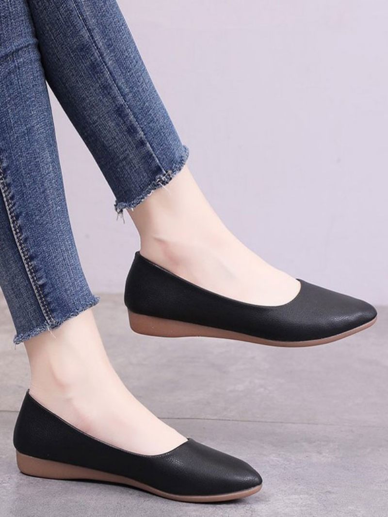 Valkoiset Litteät Kengät Naisille Teräväkärkiset Liukuvat Pu-nahkaiset Ballerina Flats - Musta