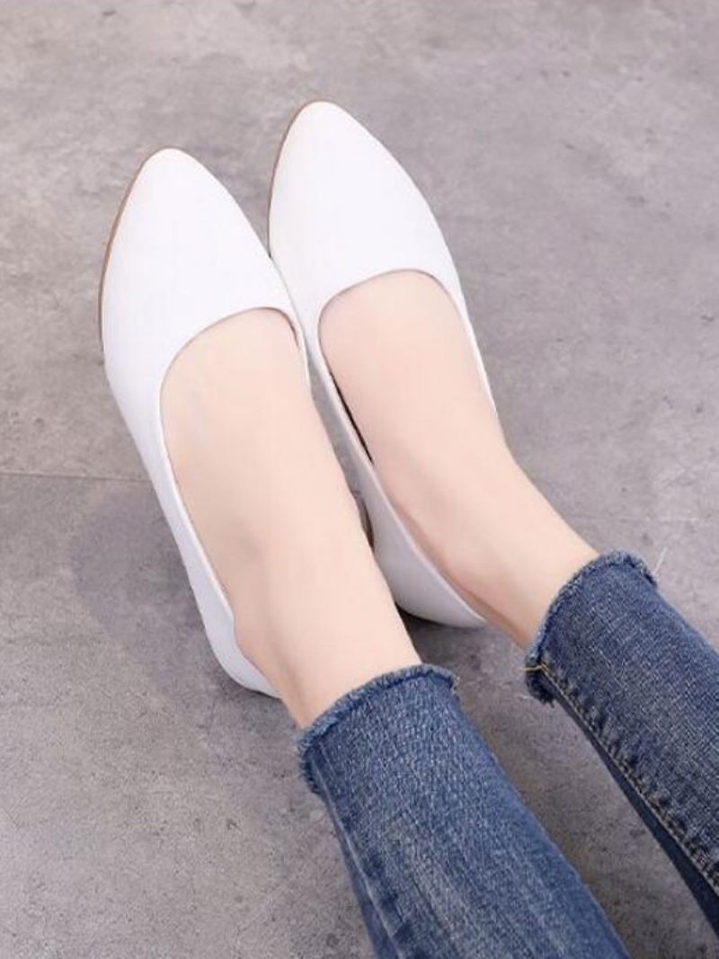 Valkoiset Litteät Kengät Naisille Teräväkärkiset Liukuvat Pu-nahkaiset Ballerina Flats - Valkoinen