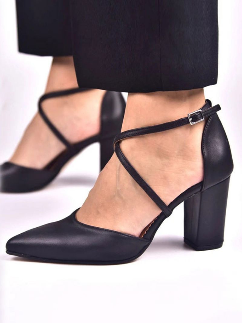 Black Block Heels Naisten Teräväkärkiset Criss Cross -morsiusneitokengät - Musta