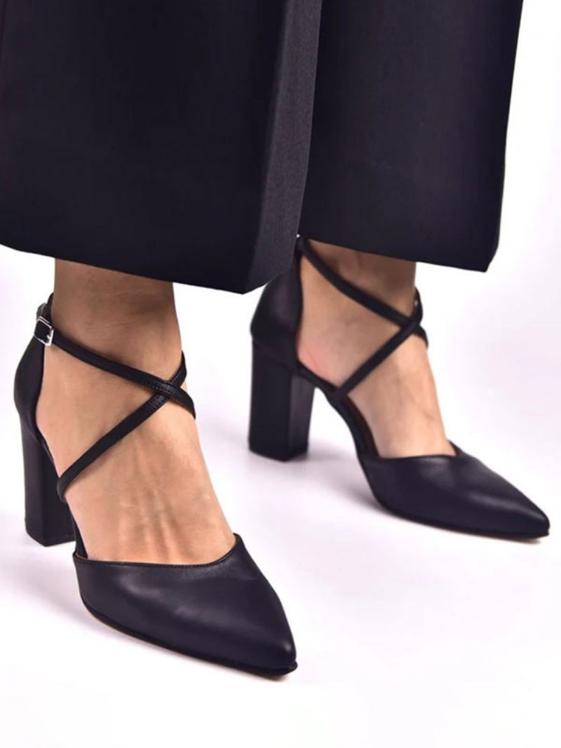 Black Block Heels Naisten Teräväkärkiset Criss Cross -morsiusneitokengät - Musta