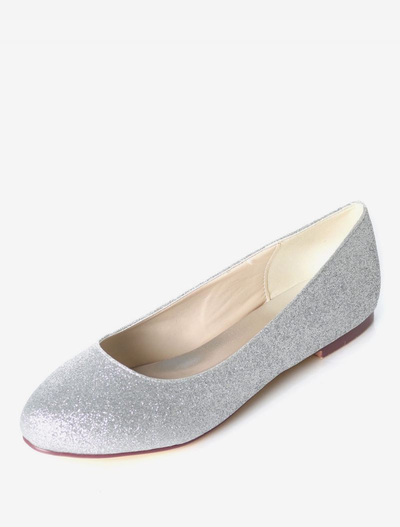 Hopeiset Hääkengät Glitter Pyöreä Toe Slip On Morsiusneito Kengät Naisten Baletti Flats