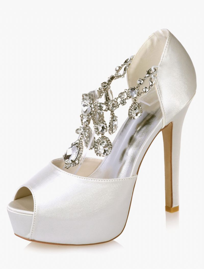 Naisten Crystal Platform Peep Toe Heeled Morsiamen Pumput - Norsunluu