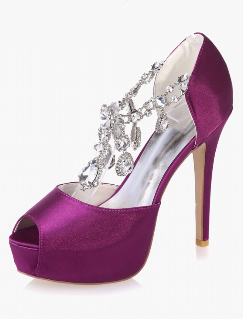 Naisten Crystal Platform Peep Toe Heeled Morsiamen Pumput - Purppura