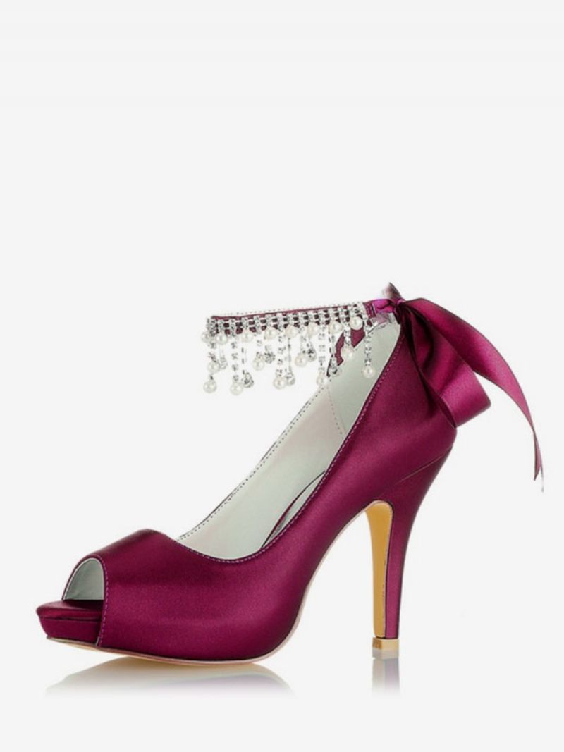 Naisten Hääkengät Satiini Burgundy Peep Toe Strassikiviä Paksukorkoiset Morsiuskengät - Burgundy