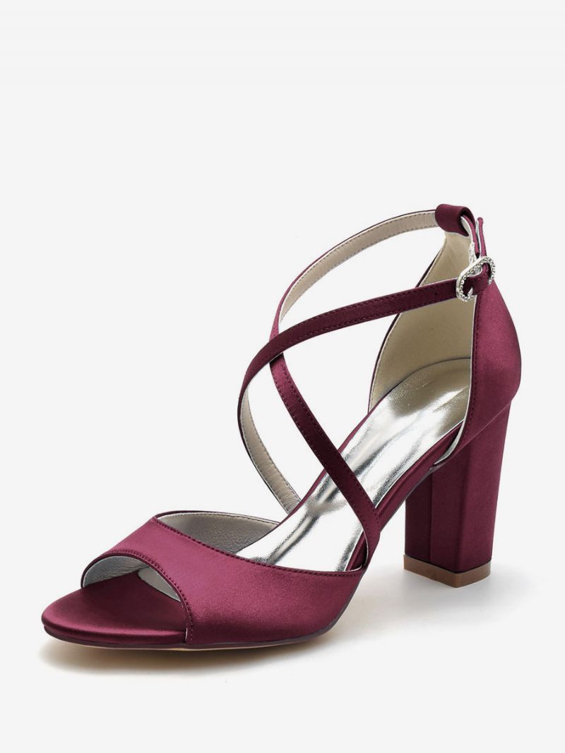 Naisten Hääkengät Satiini Peep Toe Block Heel -morsiuskengät - Burgundy