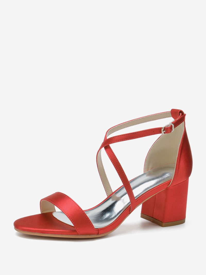 Naisten Hääkengät Satin Grape Open Toe Chunky Heel Criss Cross Morsiuskengät - Ture Red