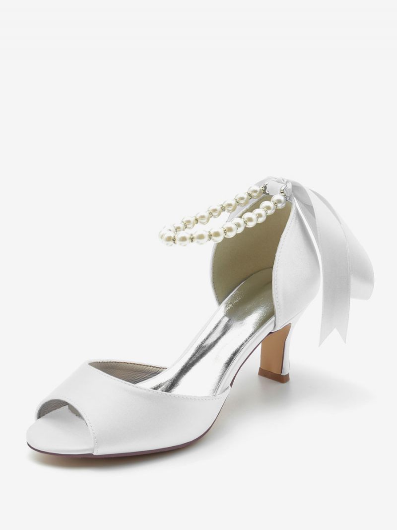 Naisten Hääkengät Satin White Pearls Peep Toe Bow Nilkkahihnapumput