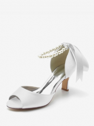 Naisten Hääkengät Satin White Pearls Peep Toe Bow Nilkkahihnapumput