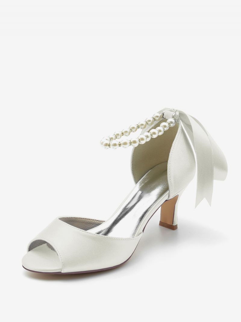 Naisten Hääkengät Satin White Pearls Peep Toe Bow Nilkkahihnapumput - Norsunluu