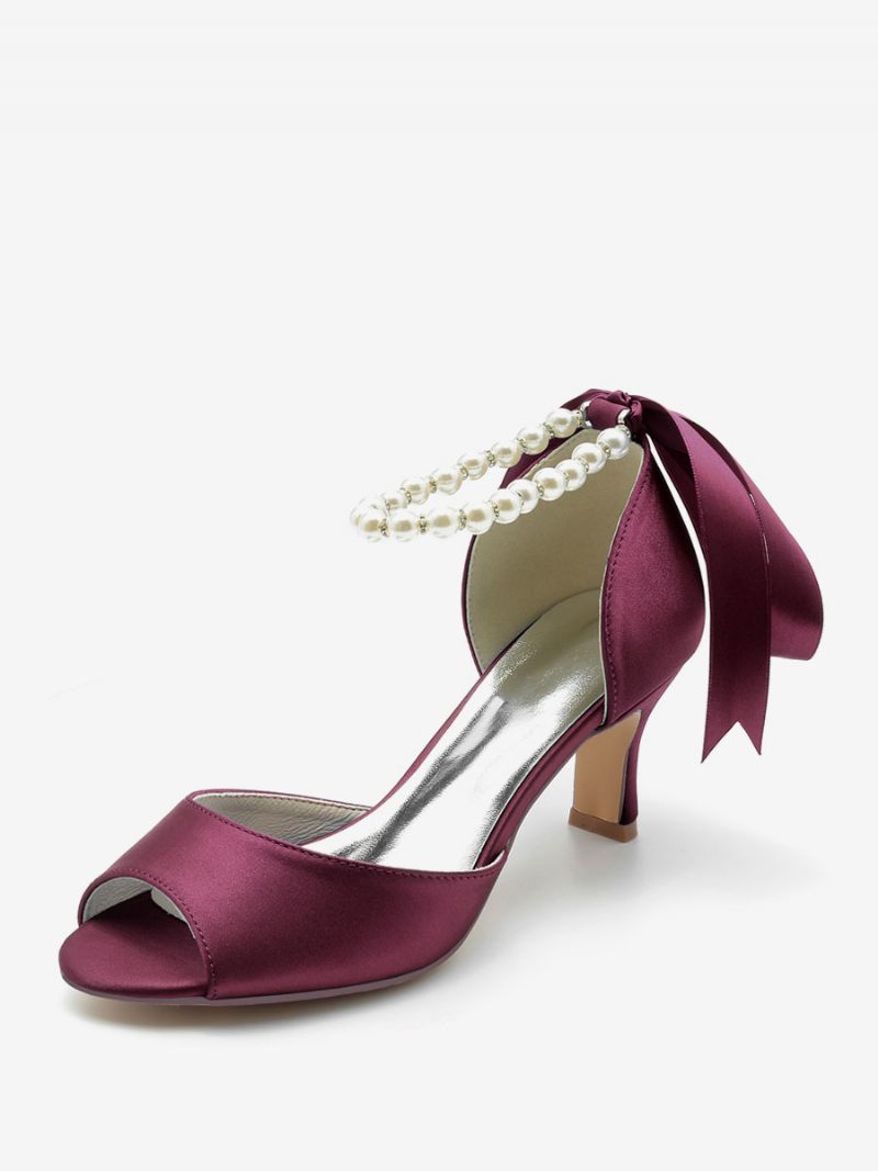 Naisten Hääkengät Satin White Pearls Peep Toe Bow Nilkkahihnapumput - Burgundy