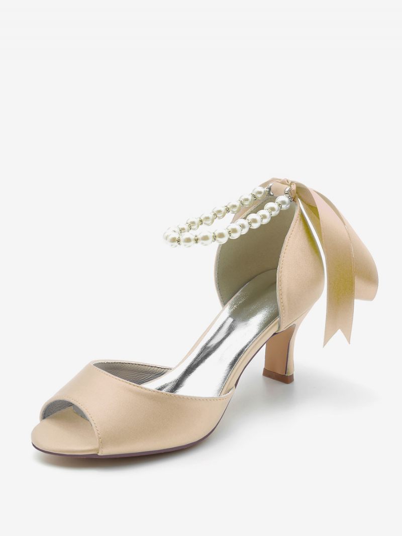 Naisten Hääkengät Satin White Pearls Peep Toe Bow Nilkkahihnapumput - Samppanja