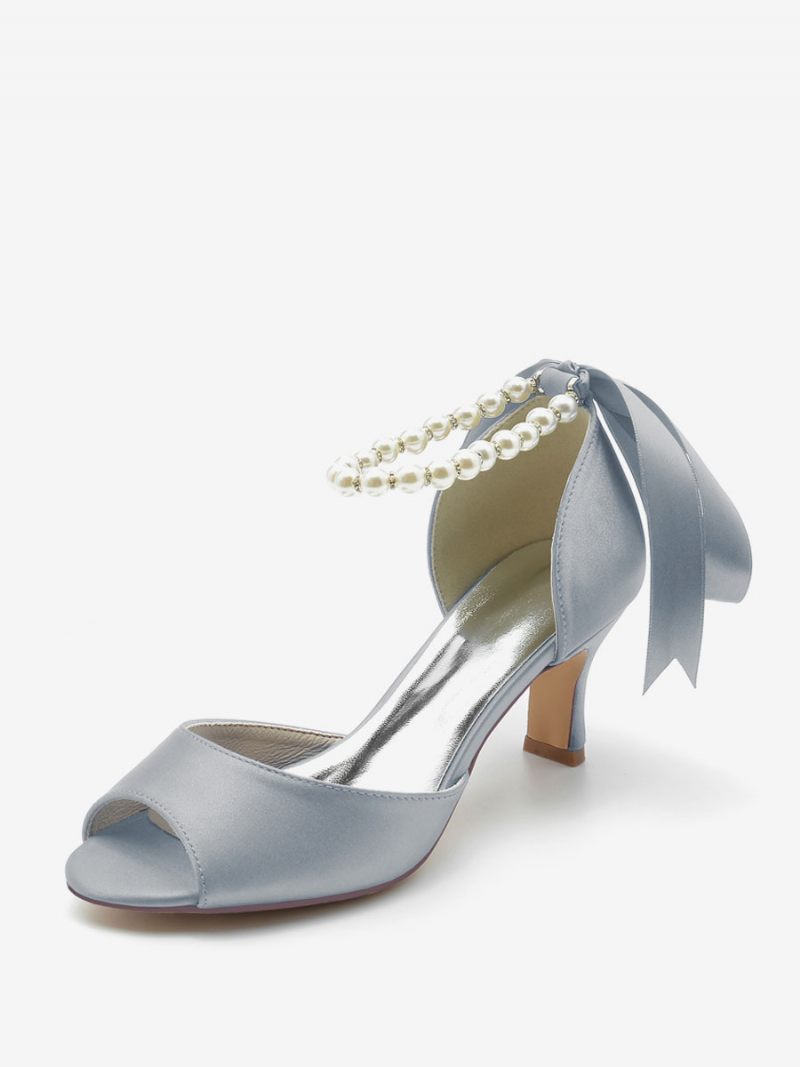 Naisten Hääkengät Satin White Pearls Peep Toe Bow Nilkkahihnapumput - Hopea