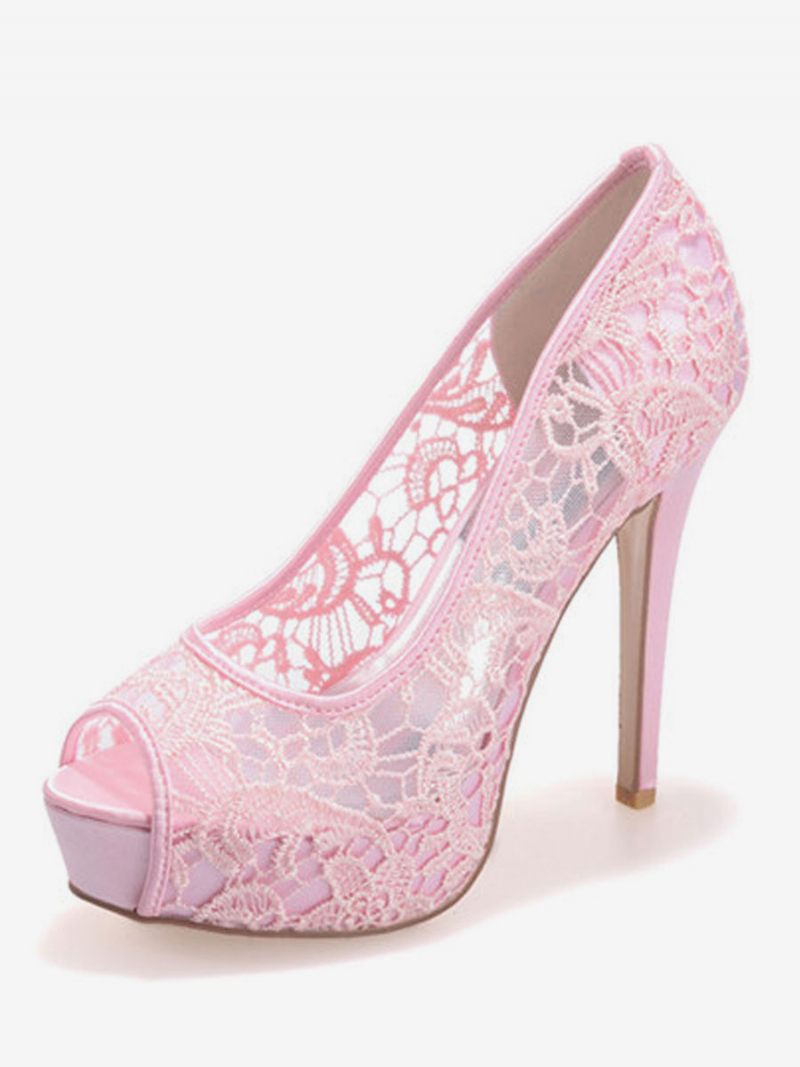 Naisten Hääkengät Valkoinen Pitsi Peep Toe Stiletto Heel Platform Morsiuskengät - Pink