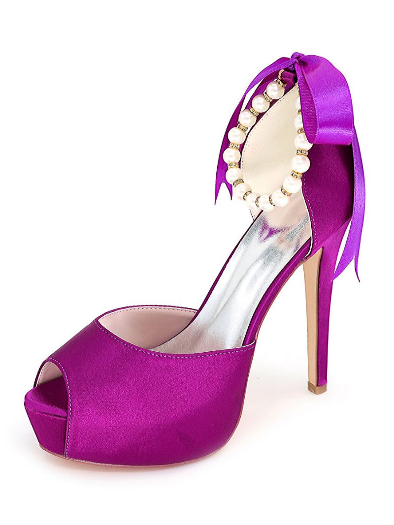 Naisten Helmiä Nauhoitustaso Peep Toe Heeled Morsiamen Pumput - Purppura