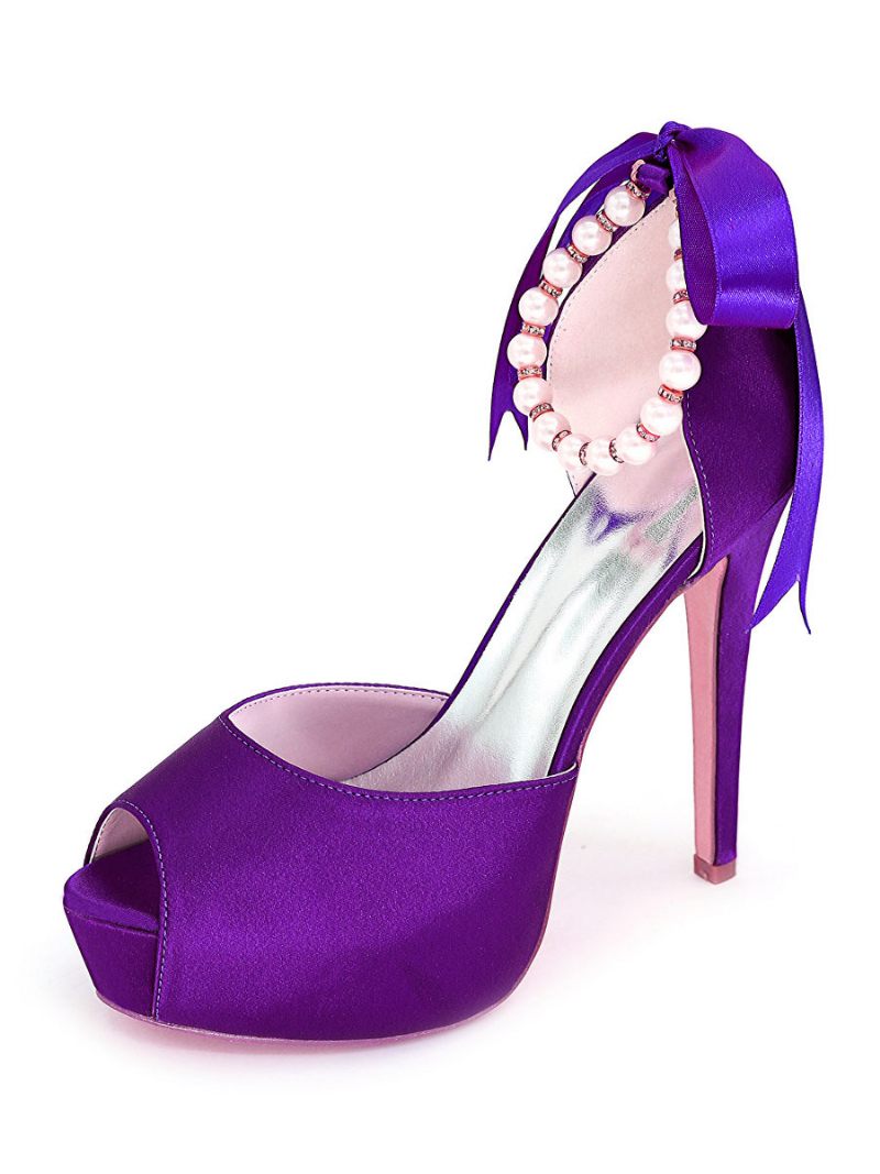 Naisten Helmiä Nauhoitustaso Peep Toe Heeled Morsiamen Pumput - Syvä Violetti