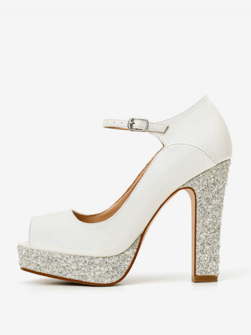 Naisten Morsiuskengät Pu-nahka Ecru White Peep Toe Pearls -morsiuskengät - Beige