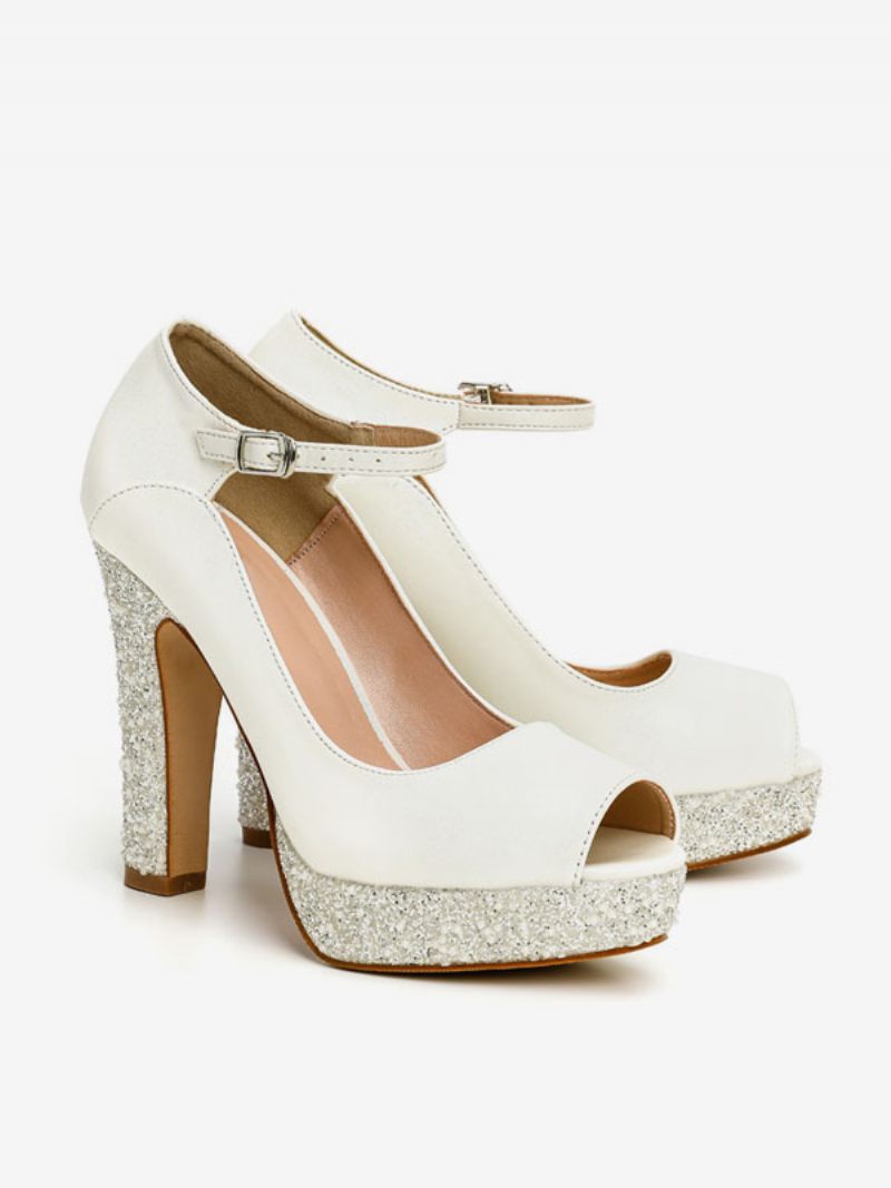 Naisten Morsiuskengät Pu-nahka Ecru White Peep Toe Pearls -morsiuskengät - Beige