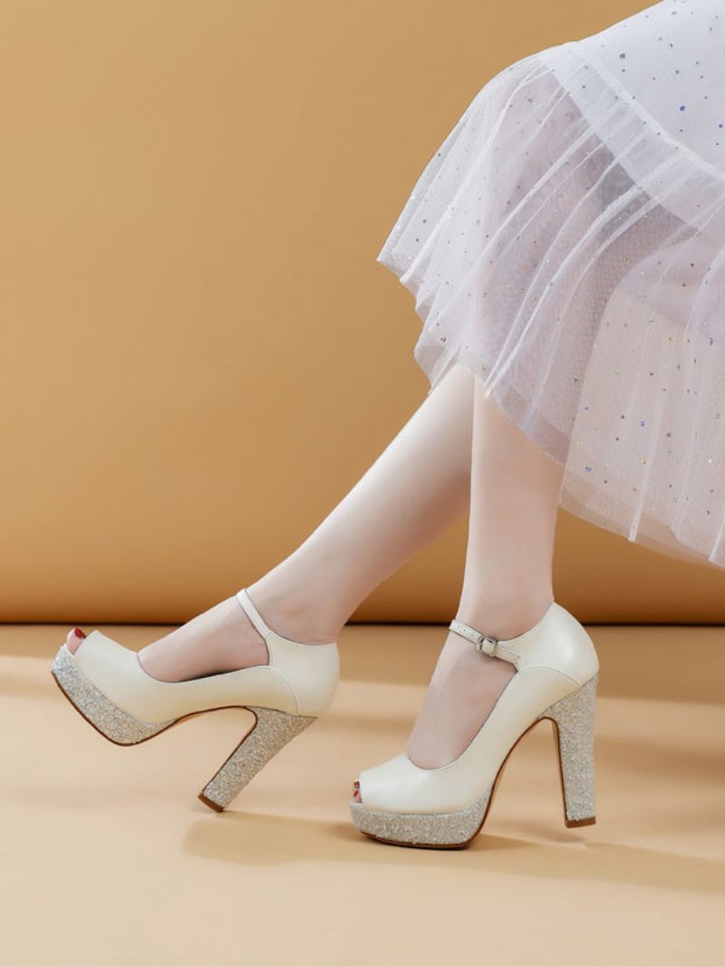 Naisten Morsiuskengät Pu-nahka Ecru White Peep Toe Pearls -morsiuskengät - Beige