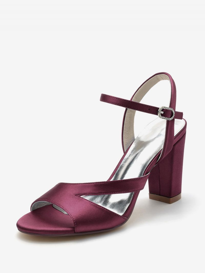 Naisten Morsiuskengät Satiini Deep Blue Peep Toe Chunky Heel - Burgundy