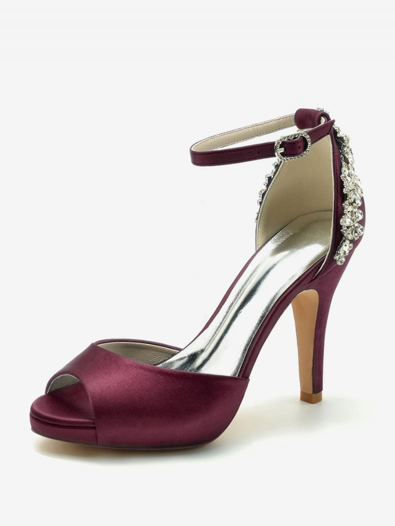 Naisten Morsiuskengät Satiini Deep Blue Peep Toe Strassit Paksukorkoiset - Burgundy