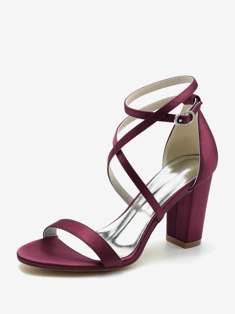 Naisten Morsiuskengät Satin Champagne Open Toe Chunky Heel - Burgundy