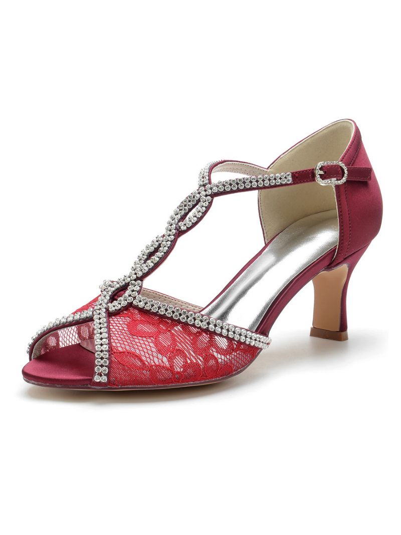 Naisten Pitsiset Strassit Chunky Heel Morsiussandaalit - Burgundy