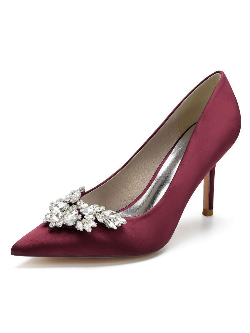 Naisten Satiinista Strassit Stiletto Heel Morsiamen Pumput - Burgundy