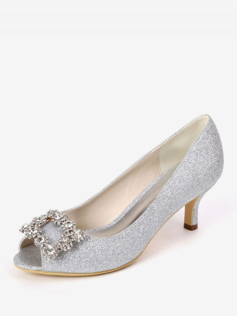 Naisten Tekojalokivi Glitter Kitten Heel Morsiamen Pumput Peep Toe - Hopea