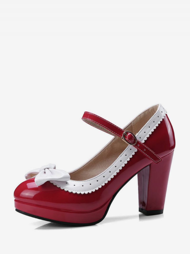 Naisten Vintage Kengät Musta Pyöreä Toe Jouset Mary Jane - Burgundy