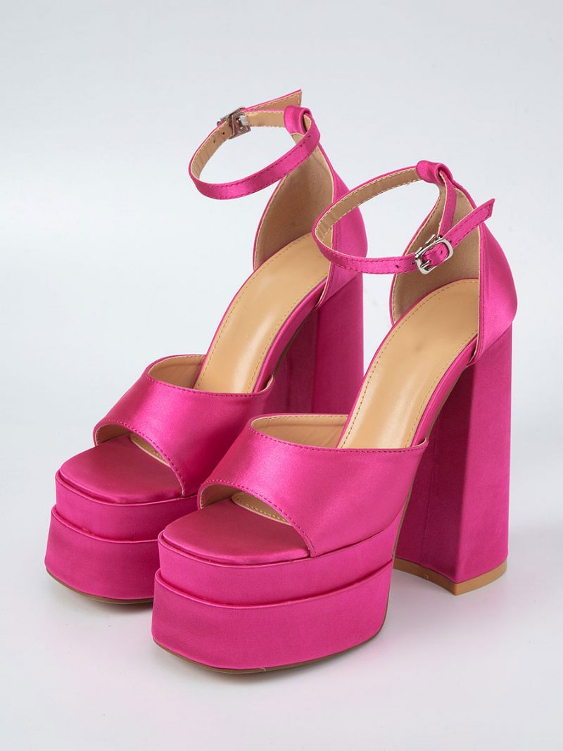 Naisten Block Heel Sandaalit Satin Square Toe Nilkkahihna High - Ruusu