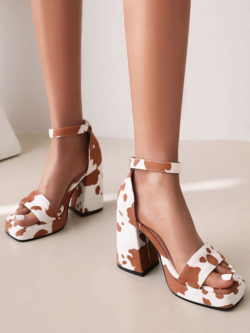 Naisten Cow Print Platform Block Heel Sandaalit - Kahvinruskea