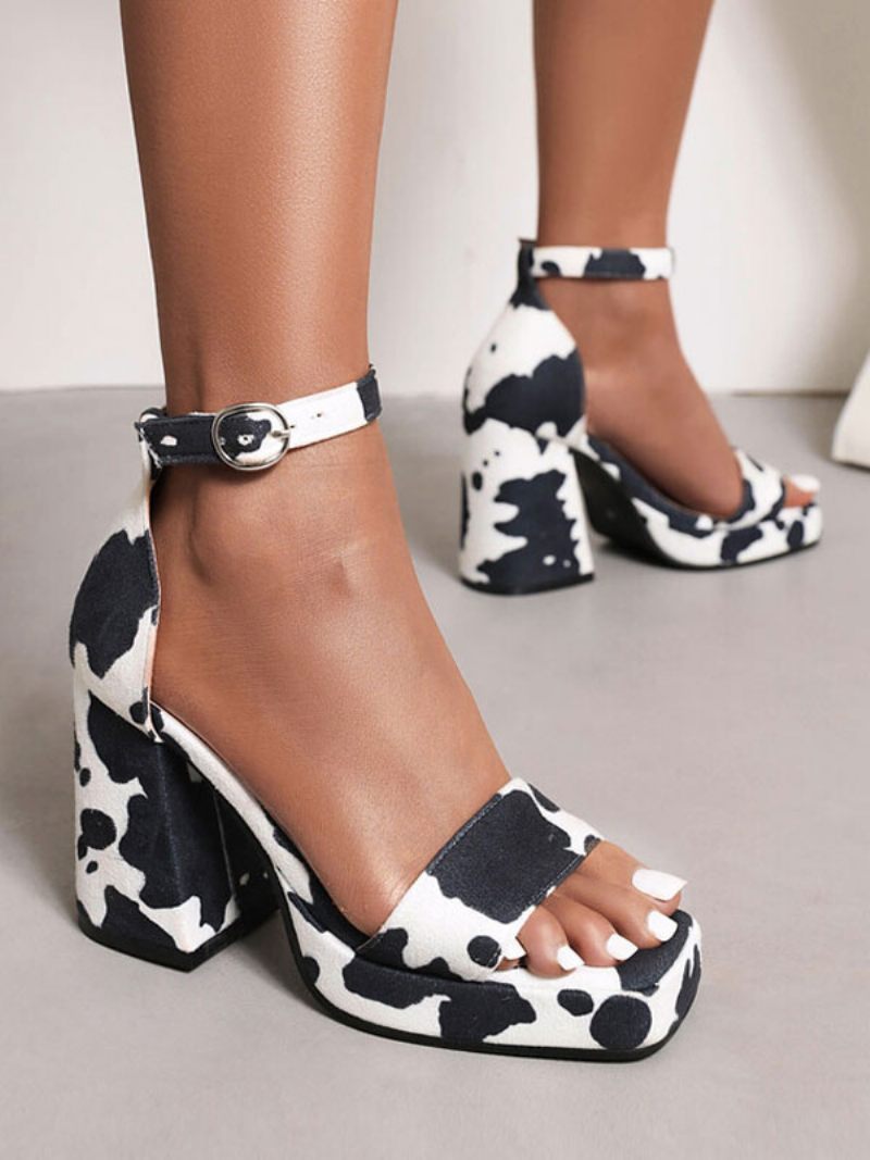 Naisten Cow Print Platform Block Heel Sandaalit - Musta