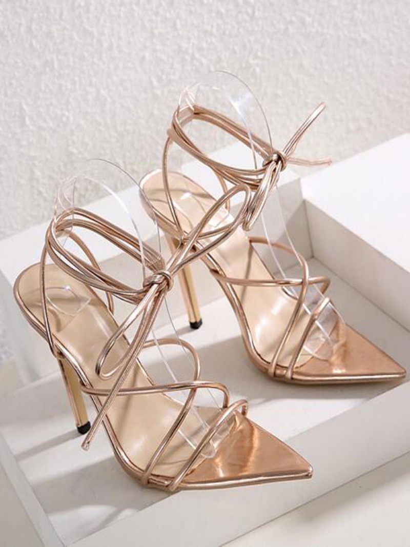 Naisten Gold Strappy Heels Lace Up Stiletto Heel Sandaalit Prom Kengät - Kulta