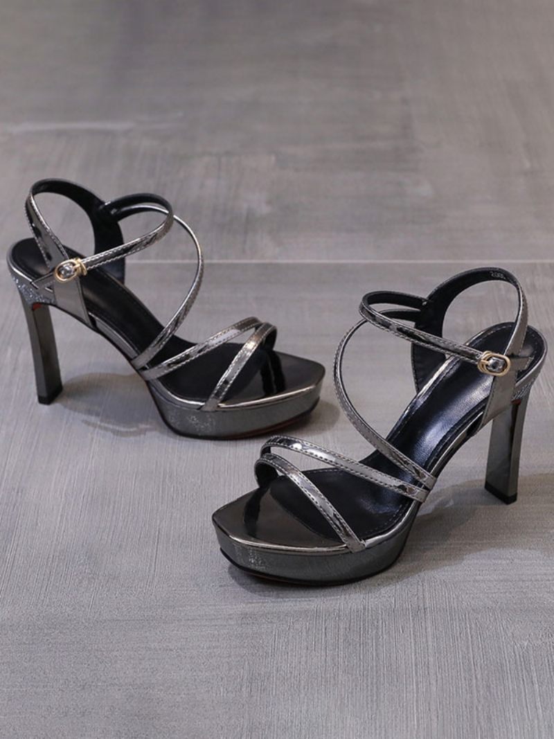 Naisten Kantapääsandaalit Neliömäiset Sandaalit Chunky Heel Patent Pu Upper - Deep Grey