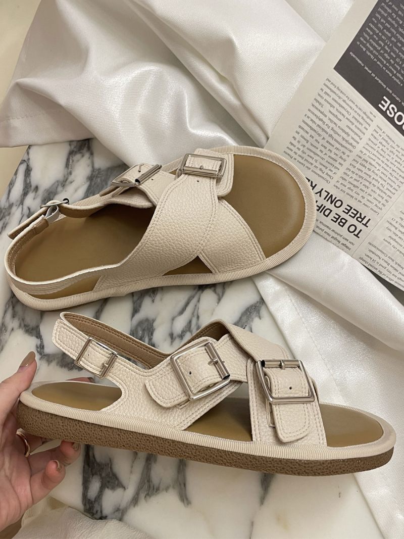 Naisten Litteät Sandaalit Valkoinen Solki Criss Cross Flat Sandaalikengät - Beige