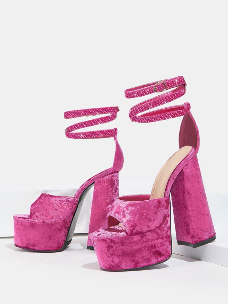 Naisten Samettipitsisandaalit Rose Platform Open Toe Block Heel Lace Up Sandaalit - Rose