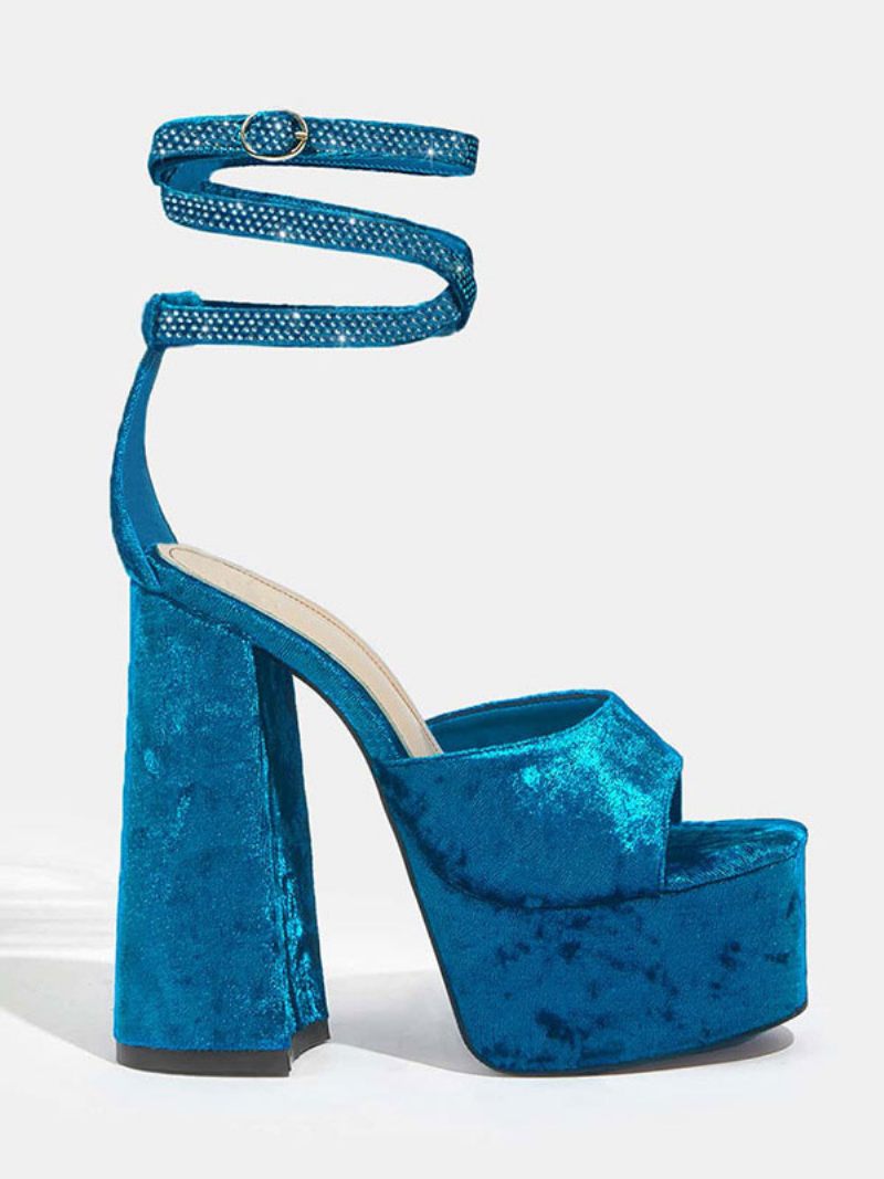 Naisten Samettipitsisandaalit Rose Platform Open Toe Block Heel Lace Up Sandaalit - Royal Blue