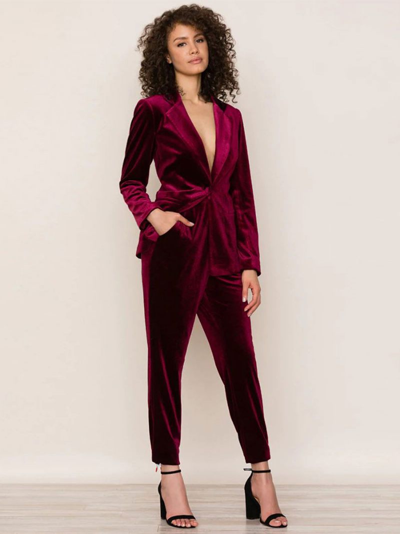 Kaksiosaiset Puvut Velour Blazer Set Spring Fall -asu Naisille - Burgundy