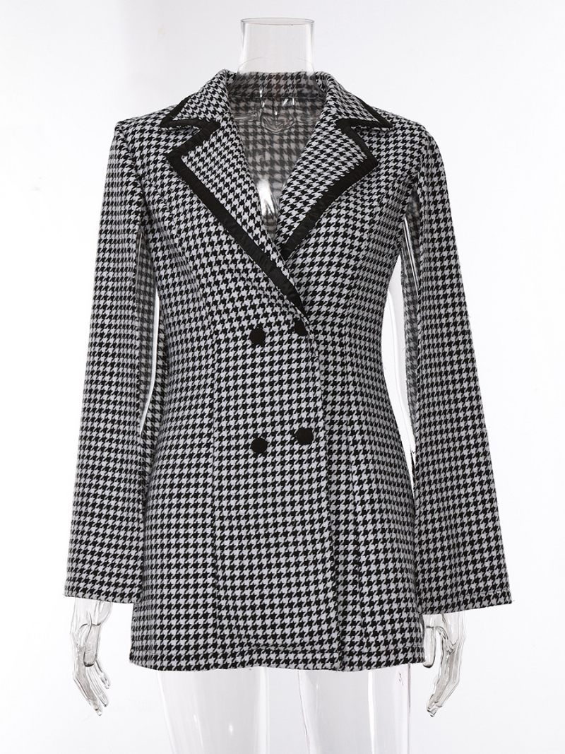 Naisten Houndstooth Blazer V-kaula Vyö Pitkähihainen Business Casual Takki - Musta